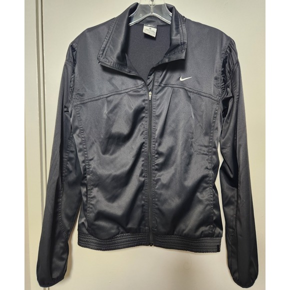 Nike Track‎ Jacket Full Zip Pockets Satin Black Embroidered Feminine Ruched Med - Picture 1 of 13